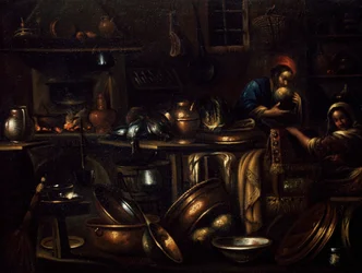 Kjøkkeninteriør, maleri av Gian Domenico Valentino (1639-1715), Italia