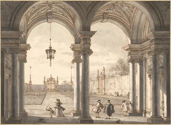 Utsikt gjennom en barokk kolonnade inn i en hage, 1760-1768