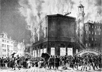 Brannen i teateret La Fenice i Venezia, i 1836. Gravering av Giovanni Pividor. Milano, konservatoriet G. Verdi.