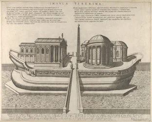 Utsikt over Tiberøya representert som et skip, Aesculapius-tempelet til venstre, 1582., 1582.