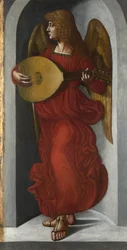 En engel i rødt med en lut, ca. 1490-1499