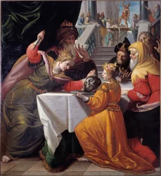 Salome med St John Baptists hode på en sølvplate Maleri av Giovanni Andrea Ansaldo (1584-1638) 1630 omtrent Genes, Musei di Strada Nuova (ex Palazzo Bianco)