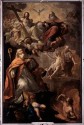 Representasjon av Saint Nicholas of Bari og den hellige treenighet Gud, Jesus Kristus og Den hellige ånds due (Saint Nicholas of Bari og den hellige treenighet) Maleri av Andrea Carlone (1639-1697) Santa Margherita-kirken, Santa Margherita Ligure Italia