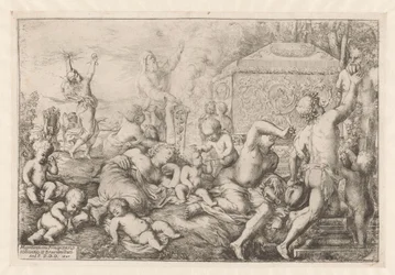 Bacchanal met altaar, faun og Silenus