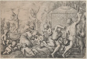 Bacchanal med alter, faun og Silenus