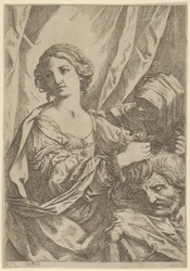Judith griper hodet til Holofernes i håret og ser til venstre, en gammel kvinne, 1600-1640.