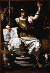 Allegory of Justice as a Woman Holding a Sword and a Scale Maleri av Giovanni Andrea de Ferrari (ca. 1598-1669) Genes fra 1600-tallet, Galleria di Palazzo Bianco