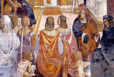 Benedict ekskommuniserte to nonner og frikjenner dem etter deres død. Detail Cloister fresco av Antonio Bazzi dit il Sodoma (1477 - 1549) som forteller om livet til Saint Benedict of Nursie (480 - 567) grunnlegger av Benediktinerordenen 1503 - 1508 Abbey o