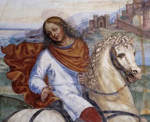 Benedikt forlot sin fars hus og dro til Roma for å studere Detail - freskomaleri av cloitre realisert av Antonio Bazzi dit il Sodoma (1477-1549) som forteller om livet til den hellige Benedikt av Nursia (480 - 567) grunnlegger av Benediktinerordenen 1503 -