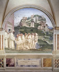 Benedikt utløste en kilde på toppen av fjellet Fresco of the Cloister laget av Antonio Bazzi dit il Sodoma (1477 - 1549) som forteller om livet til Saint Benedict of Nursie (480 - 567) grunnlegger av Benediktinerordenen 1503 - 1508 Abbey of Monte Oliveto