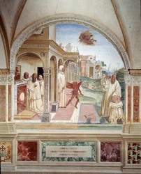 Benoit frigjør en munk besatt av en demon (St. Benedict frigjør en mann besatt av djevelen) freskomaleri av cloitre laget av Antonio Bazzi dit il Sodoma (1477 - 1549) som forteller om livet til Saint Benedict of Nursie (480 - 567) grunnlegger av Benedikts 