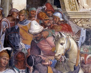 Hvordan Benedikt møter de to unge romerne Maurus og Placidus. Detalj av en klosterfreske av Antonio Bazzi, kalt Il Sodoma (1477-1549), som forteller om den hellige Benedikt av Nursias liv (480-567)