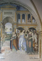 Florentius sender skjøgene inn i klosteret, scene fra St. Benedicts liv