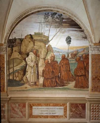 Hvordan Benedikt besvarer eremittenes bønn og går med på å bli deres leder. Freske i klostergangen utført ved Antonio Bazzi, kalt il Sodoma (1477-1549), som forteller om livet til den hellige Benedikt av Nursia (480-567), grunnleggeren av