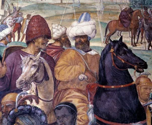 Hvordan Benedict spår ødeleggelsen av Monte Cassino (St. Benedict forutsier ødeleggelsen av Monte Cassino) Detalj - freske av klosteret laget av Antonio Bazzi dit il Sodoma (1477 - 1549) som forteller om livet til Saint Benedict of Nursie (480 - 567) fou