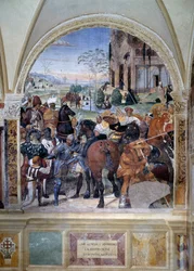Hvordan Benedict spår ødeleggelsen av Monte Cassino (St. Benedict forutsier ødeleggelsen av Monte Cassino) Detalj - freske av klosteret laget av Antonio Bazzi dit il Sodoma (1477 - 1549) som forteller om livet til Saint Benedict of Nursie (480 - 567) fou