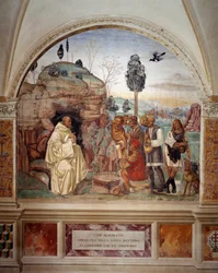 Hvordan Benedikt underviser den hellige læren til bøndene som besøker ham (St. Benedict lærer den hellige læren til bonden som besøker ham) Freske av klosteret laget av Antonio Bazzi dit il Sodoma (1477 - 1549) som forteller om livet til den hellige Benedi
