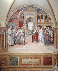 Hvordan Fiorenzo sender prostituerte ved klosteret (Hvordan Fiorenzo sender prostituerte i klosteret) - freske av klosteret laget av Antonio Bazzi dit il Sodoma (1477 - 1549) som forteller om livet til den hellige Benedikt av Nursia (480 - 567) grunnlegger