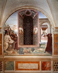 Hvordan en prest brakte mat til Benedikt i påsken - Freske av klosteret laget av Antonio Bazzi dit il Sodoma (1477 - 1549) som forteller om livet til den hellige Benedikt av Nursia (480 - 567) grunnlegger av Benediktinerordenen 1503 - 1508 Abbey of Monte O