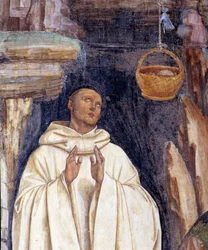 Hvordan demonen knuste klokken til Benoits kurv (Djevelen brøt klokken til den hellige Benedikt av Nursias kurv) - Detalj - Veggfresko laget av Antonio Bazzi dit il Sodoma (1477-1549) som forteller om livet til den hellige Benedikt av Nursia (480 - 567) gr