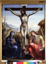 La crucifixion avec la Vierge et Jean Baptiste (Korsfestelsen med Jomfru og døperen Johannes). Inskripsjon ""I.N.R.I."" (INRI) på korset. Maleri av Sodoma (eller Giovanni Antonio Bazzi