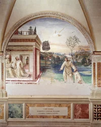 Maur går på vannet for å redde St. Placid (St Maurus går på vannet for å redde St. Placid) freske av klosteret laget av Antonio Bazzi dit il Sodoma (1477 - 1549) som forteller om livet til Saint Benedict of Nursie (480 - 567) grunnlegger av benediktinerord