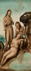 Polyphemus oppdager Galatea og Acis, etter 1500 (olje på lerret)