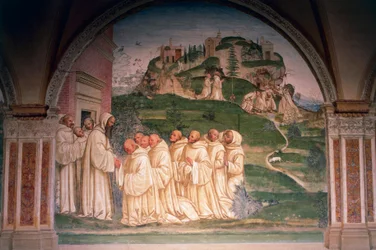 Saint Benedict bedt av munker, produserer vann fra toppen av fjellet, scene fra Stories of Saint Benedict of Monte Oliveto Maggiore
