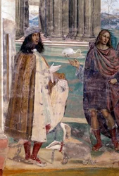 Saint Benedict fikser en ødelagt sil Selvportrett av kunstneren - Detalj Fresco av cloitre realisert av Antonio Bazzi dit il Sodoma (1477 - 1549) som forteller om livet til Saint Benedict of Nursie (480 - 567) grunnlegger av Benediktinerordenen 1503 - 1508