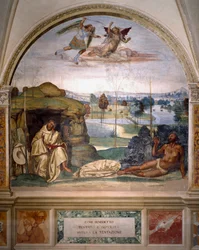 Den hellige Benedikt seirer over fristelsen ved å kaste seg naken inn i en tornebusk, mens en engel kjemper mot demonen. Freske i munkenes refektorium utført av Antonio Bazzi, kalt il Sodoma (1477 - 1549), som forteller om den hellige Benedikts liv (48)