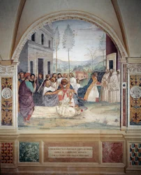 St. Benedict bærer Kristi kropp på kroppen til munken som jorden nekter å begrave freskomaleri av klosteret laget av Antonio Bazzi dit il Sodoma (1477 - 1549) som forteller om livet til Saint Benedict of Nursie (480 - 567) grunnlegger av Benedi-ordenen