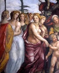 Sala delle Nozze di Alessandro e Rossana Hall av ekteskapet til Alexander den store 356-323 f.Kr. og Roxanne-detaljene til døtrene til Darius III, ca. 1513 freskomaleri fra 107224