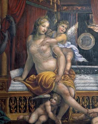 Sala delle Nozze di Alessandro e Rossana Hall av ekteskapet til Alexander den store 356-323 f.Kr. og Roxanne-detaljene til Roxanne sittende på sengen hennes, ca. 1513 freskomaleri fra 107228