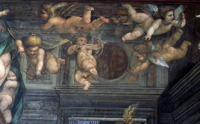 Sala delle Nozze di Alessandro e Rossana Hall av ekteskapet til Alexander den store 356-323 f.Kr. til Roxanne detalj av flygende putti, ca. 1513 freskomaleri fra 107226