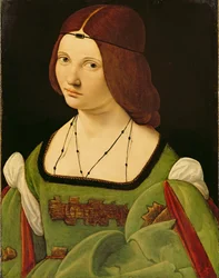 Portrett av en dame (før rengjøring) (olje på panel) (se 130358)