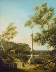 Engelsk landskap Capriccio med en søyle, ca. 1754