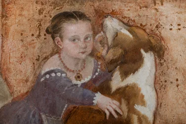 Liten pike og hund, detalj av The Banquet, ca. 1570 (fresco)