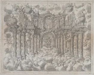Plate 2 [motsikker]: Scenesett med allegoriske figurer sittende blant skyene, med en..., 1690.