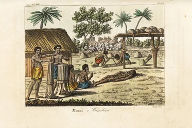 Menneskeofring i en hellig marae (Morai) eller kirkegård, Tahiti. Trommeslagere til venstre, et svinbundet offer og to gravegravere som graver en grav foran en haug med menneskehodeskaller og pilkogger. Håndfarget kobberplate gravert av Sasso etter John We