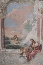 Palazzina (liten bygning): utsikt over det første rommet og dets fresker som representerer episoder fra Iliaden: "Akilles i tårer mens moren hans Thetis dukker opp fra havet for å trøste ham"