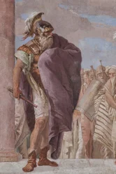 Palazzina (liten bygning): utsikt over det første rommet og dets fresker som representerer episoder fra Iliaden: "Athena hindrer Akilles i å trekke sverdet sitt mot Agamemnon", detalj av kong Agamemnon