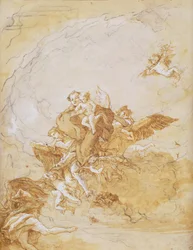 Saint Anthony and the Christ Child støttet av engler (penn og blekk)