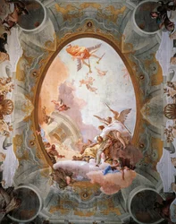 Allegory of Merit akkompagnert av adel og dyd, av Giambattista Tiepolo (1696-1770). Throne Rooms tak, Ca 'Rezzonico Palazzo, Venezia, Italia