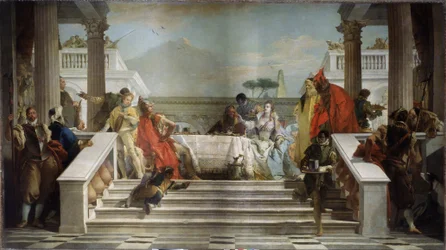 Kleopatras festmåltid. Den egyptiske dronningen (69-30 f.Kr.) er sannsynligvis avbildet med den romerske politikeren og generalen Marcus Antonius (83-30 f.Kr.). Kleopatras festmåltid. Maleri av Giambattista Tiepolo (1696-1770). Olje på lerret