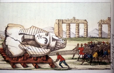 Transport av bysten av Memnon på bredden av Nilen av Belzoni. Giovanni Battista (Gianbattista) Belzoni (1778-1823), italiensk oppdagelsesreisende og arkeolog, har gjort viktige arkeologiske funn i Egypt. Gravering - i "" Viaggio i Egitto e