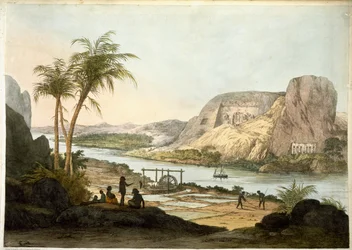 Utvendig utsikt over de to templene i Abu Simbel, fra plater som illustrerer forskerne i Egypt og Nubia, publisert 1822