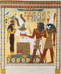 Veggmaleri fra kongenes graver i Theben, oppdaget av G. Belzoni, tavle 19 fra «Tavler som illustrerer undersøkelsene i Egypt og Nubia», gravert av Charles Hullmandel (1789-1850), 1820-22 (litografi)