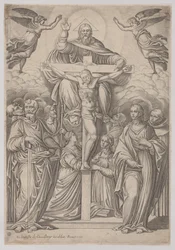 Treenigheten, med korsfestelsen i sentrum og helgener til begge sider, 1586.