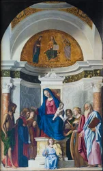 Tronende Madonna med barn og døperen Johannes, Kosmas, Damian, ca. 1507 (olje på tre)