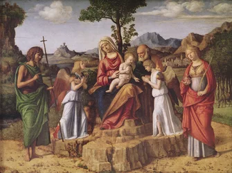 Hellig samtale - Den hellige familie omgitt av engler, den hellige Lucia og døperen Johannes, som stanser før flukten til Egypt, ca. 1490